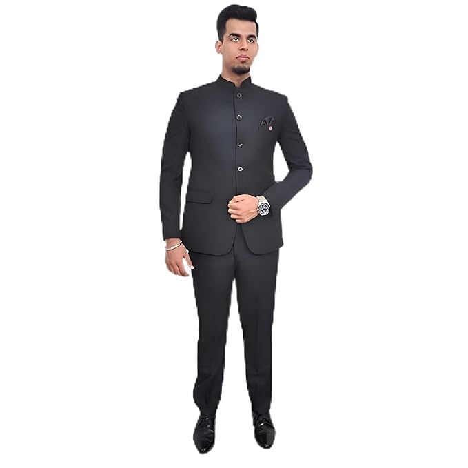 RISANI Men's 2Pcs Ethnic Contemporary Wedding Bandhgala Jodhpuri Prince Suit Set (Black)