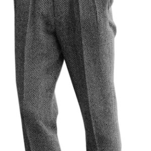 Men's High Waisted Tweed Dress Pants Pleated Front Vintage Wool Trousers