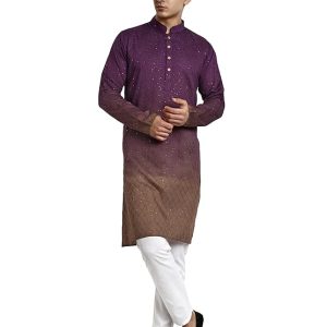 Vardha Men's Cotton Chikankari Embroidered Kurta with Full Sleeves and Knee Length Design and Elegant Sequence Work | Kurta for Men