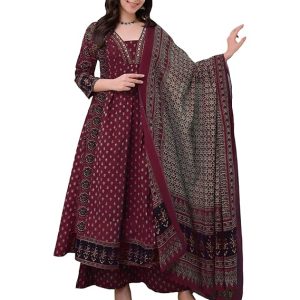 ANNI DESIGNER Women's Anarkali Kurta Set with Dupatta | Pure Cotton Suit Set for Women | Ajrakh Print Kurta Palazzo Dupatta Set | 3 Piece Ethnic Wear for Festival & Party
